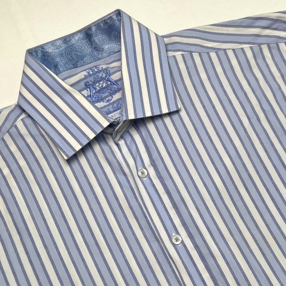English Laundry Mens Striped French Cuff Dress Shirt Size 16.5 36/37 Blue White